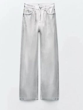 Zara Womens METALLIC silver HIGH RISE JEANS size 46 US14 Wide Leg silver Jeans